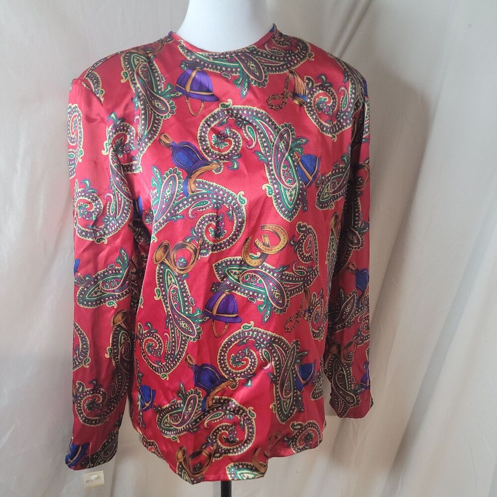 EJ Harper Blouse Women 8 Red Equestrian Paisley Satin Long Sleeve Novelty Print